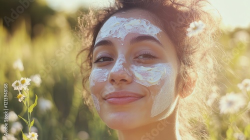 Smiling woman enjoying a natural facial treatment in a blooming field on a sunny day. Generative AI