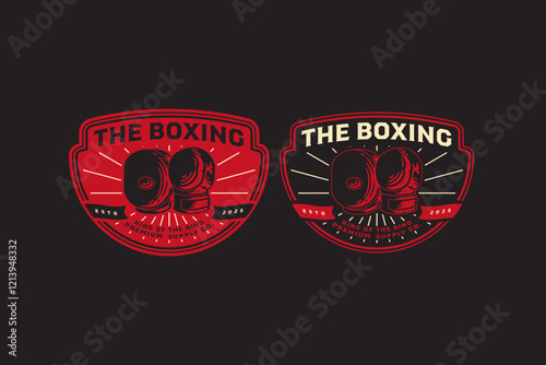 boxing glove and punching pad mitt retro badge logo vector design collection set for boxing, fighter, martial art sport club. kicking target pad and boxing glove vintage illustration element design.