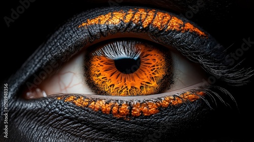 Fiery Gaze: A mesmerizing close-up of a human eye, dramatically adorned with black and fiery orange paint, creating a captivating contrast and intense visual impact.