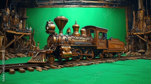 Meticulously detailed wooden model of a vintage steam locomotive on a green screen set, surrounded by miniature Western-style buildings.  A captivating image for film production, model making, and Wes