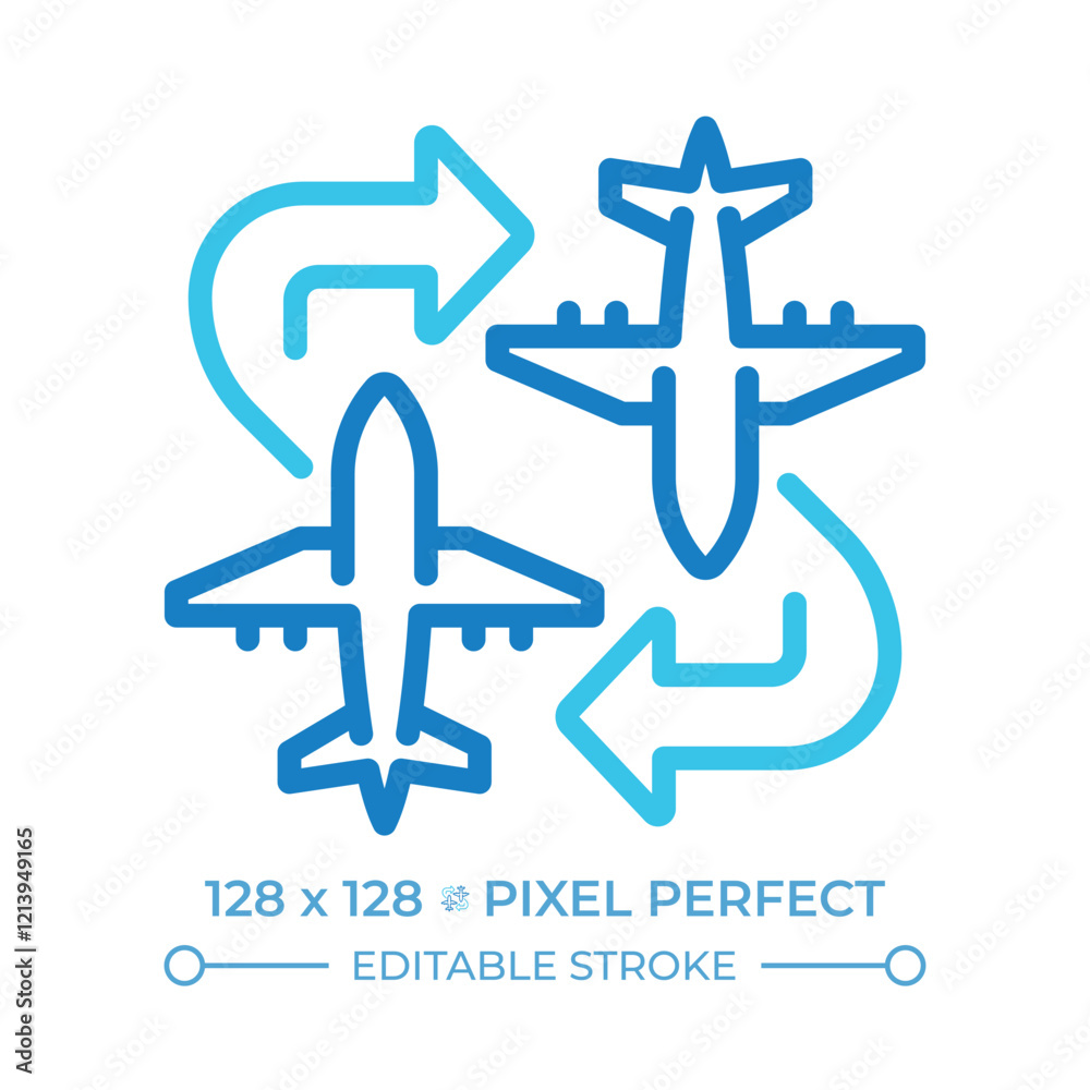 Fototapeta premium Charter flight two color line icon. Airplanes with arrows. Flexible flight routes. Private aviation. Travel. Bicolor outline symbol. Duotone linear pictogram. Isolated illustration. Editable stroke
