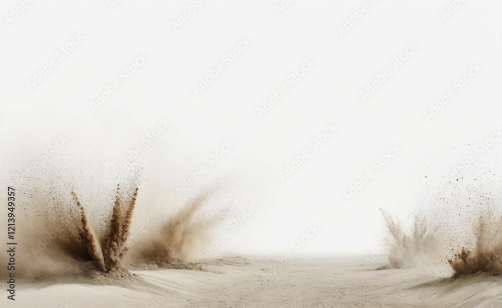 A powerful explosion captured in mid-air, with a cloud of brown dust and debris erupting outwards. A powerful explosion captured in mid-air, with a cloud of brown dust and debris erupting outwards.