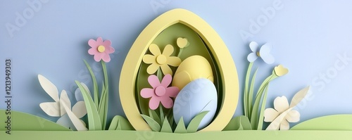 Easter pastel paper cut out background concept. Colorful Easter eggs surrounded by flowers in a decorative setting