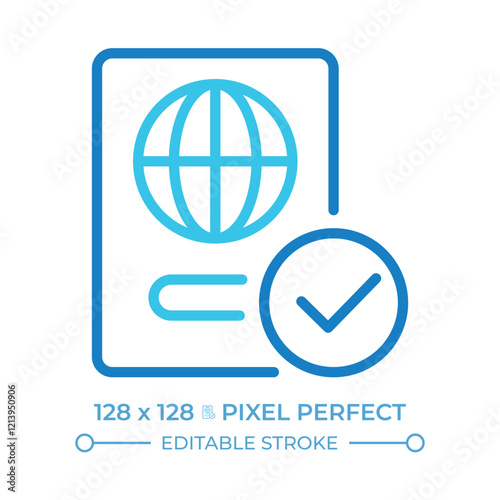 Passport two color line icon. ID with globe symbol on cover. International travel. Border control document. Bicolor outline symbol. Duotone linear pictogram. Isolated illustration. Editable stroke