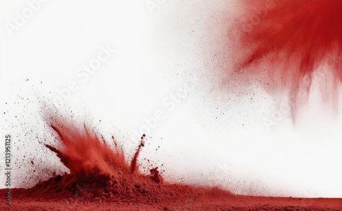A powerful explosion captured in mid-air, with a cloud of red dust and debris erupting outwards.