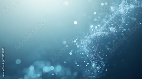 Molecular DNA helix composed of glowing particles suspended in the air on a soft blue background