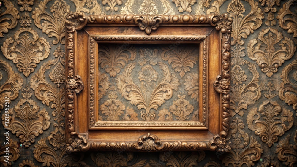 Obraz premium Antique wooden picture frame with intricate carvings and ornate details on damask background, vintage frames, ornate frames