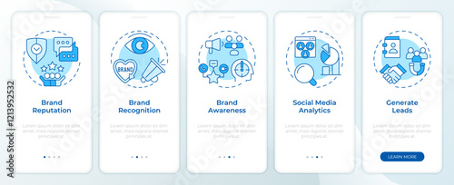 Brand reputation tracking blue onboarding mobile app screen. Walkthrough 5 steps editable graphic instructions with linear concepts. UI, UX, GUI template. Montserrat SemiBold, Regular fonts used