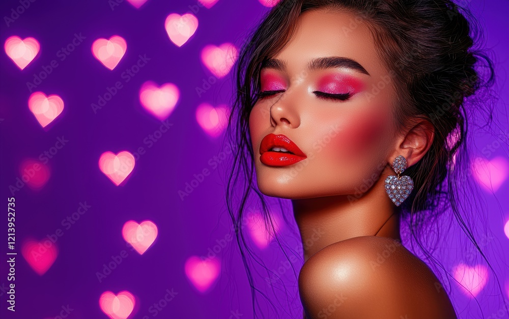 A glamorous woman with bold red lipstick and sparkling earrings, placed on a vibrant violet backdrop with glowing pink heart accents for Saint Valentines Day and International Womens Day A glamorous woman with bold red lipstick and sparkling earrings, placed on a vibrant violet backdrop with glowing pink heart accents for Saint Valentines Day and International Womens Day