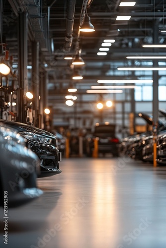 A wide-angle view captures a professional garage bustling with activity, featuring several cars in various stages of servicing, illuminated by bright overhead lights