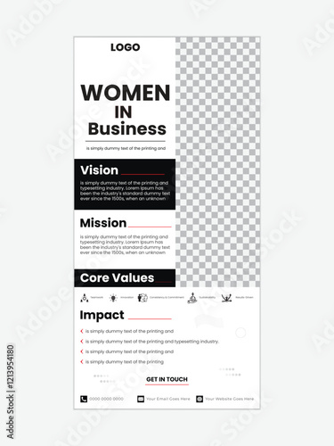 Women in Business Infographic Design  women in business, business infographic, mission vision design, core values layout, professional infographic, modern business template, business poster design