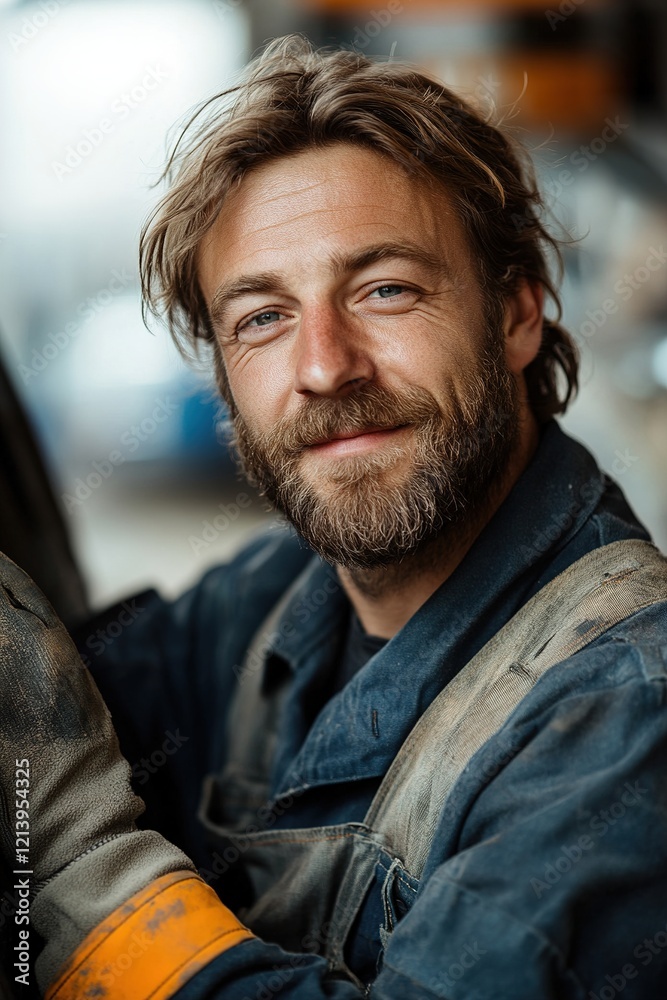 A mechanic stands casually against a vehicle, wearing a uniform and gloves, smiling subtly in a bright workshop. The background is softly blurred, creating a modern, relatable atmosphere A mechanic stands casually against a vehicle, wearing a uniform and gloves, smiling subtly in a bright workshop. The background is softly blurred, creating a modern, relatable atmosphere