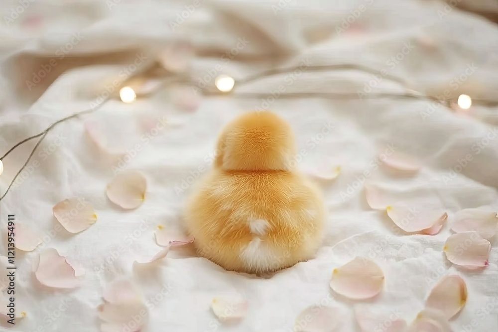 Fluffy chick sits on soft fabric surrounded by delicate rose pet Fluffy chick sits on soft fabric surrounded by delicate rose pet