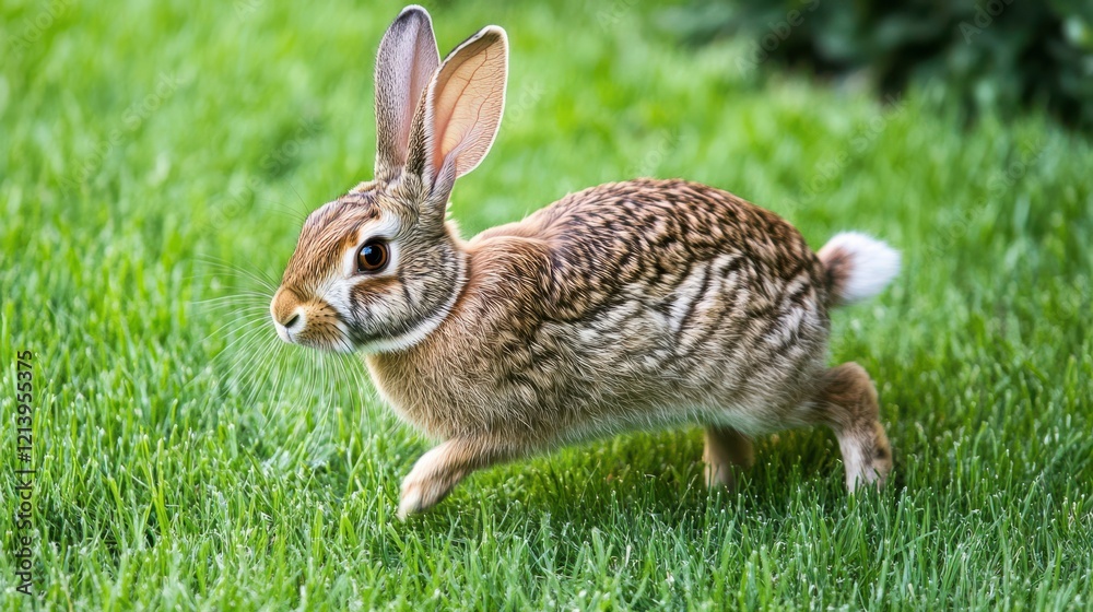 Fototapeta premium Rabbit Hopping Through Lush Grass in Vibrant Morning Light