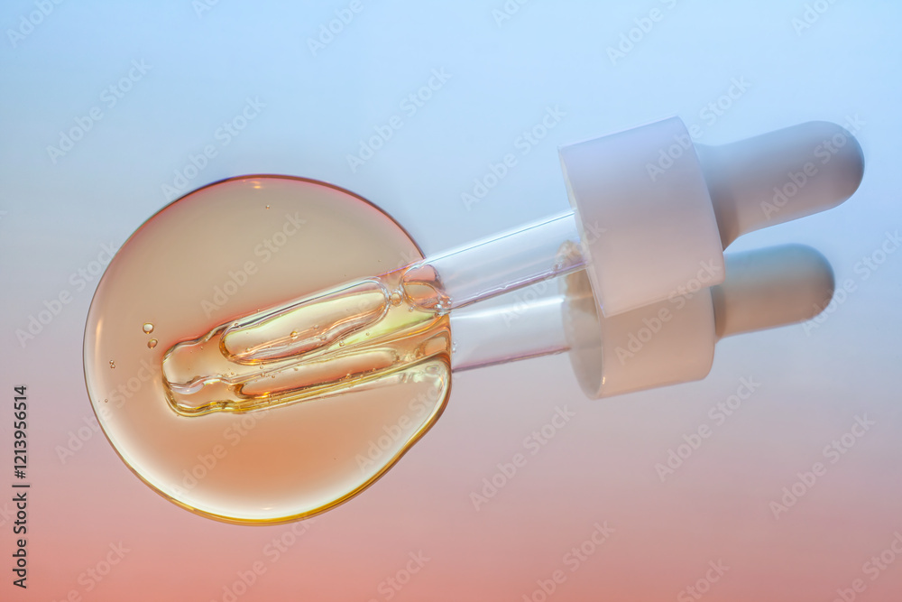 Liquid yellow oil or serum on gradient blue to red background Liquid yellow oil or serum on gradient blue to red background