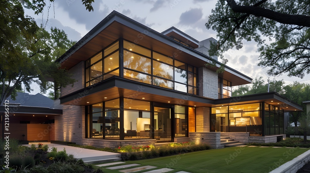 Modern house with sleek design and large windows in a suburban neighborhood Modern house with sleek design and large windows in a suburban neighborhood