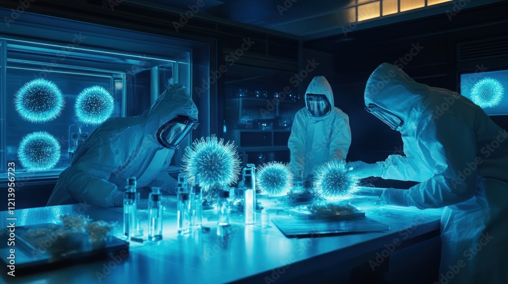 Scientists in protective suits research viruses in a laboratory Scientists in protective suits research viruses in a laboratory