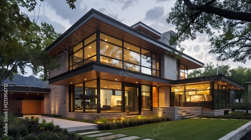 Modern house with sleek design and large windows in a suburban neighborhood