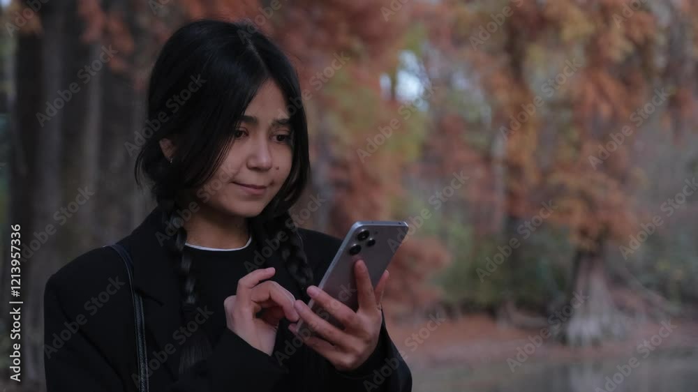 A fashionable lifestyle in full display as a woman uses her smartphone to browse, chat, and stay connected while in nature. A fashionable lifestyle in full display as a woman uses her smartphone to browse, chat, and stay connected while in nature.