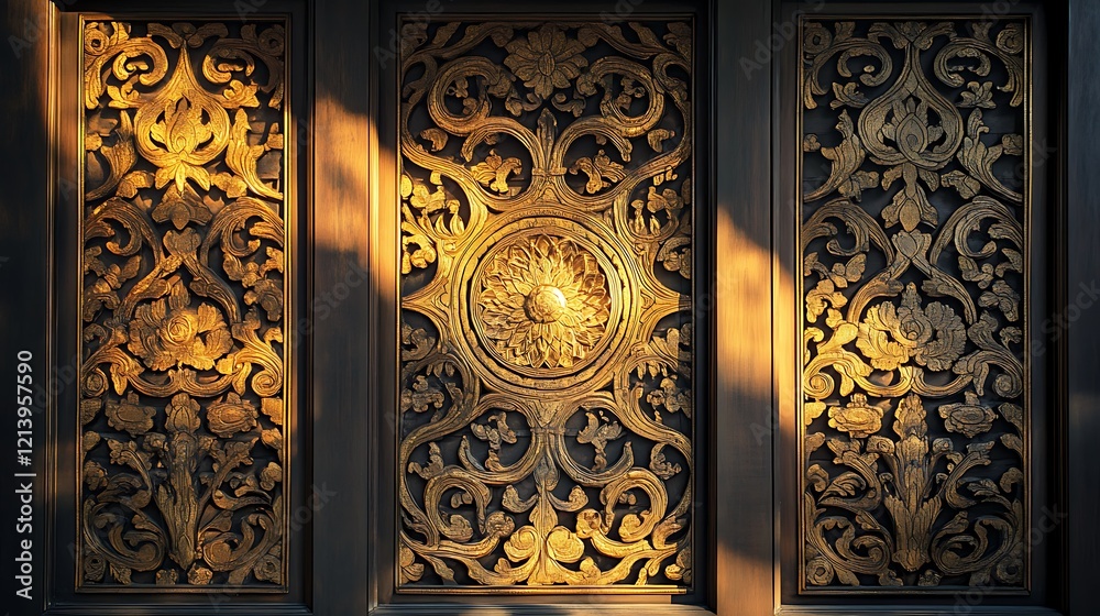 Intricate Thai patterns on wooden panels inside a temple with soft lighting Intricate Thai patterns on wooden panels inside a temple with soft lighting