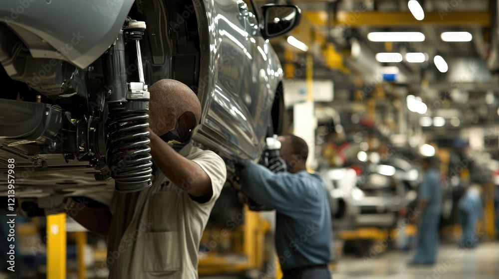 Automotive workers working on a vehicle's exhaust system during assembly. Automotive workers working on a vehicle's exhaust system during assembly.