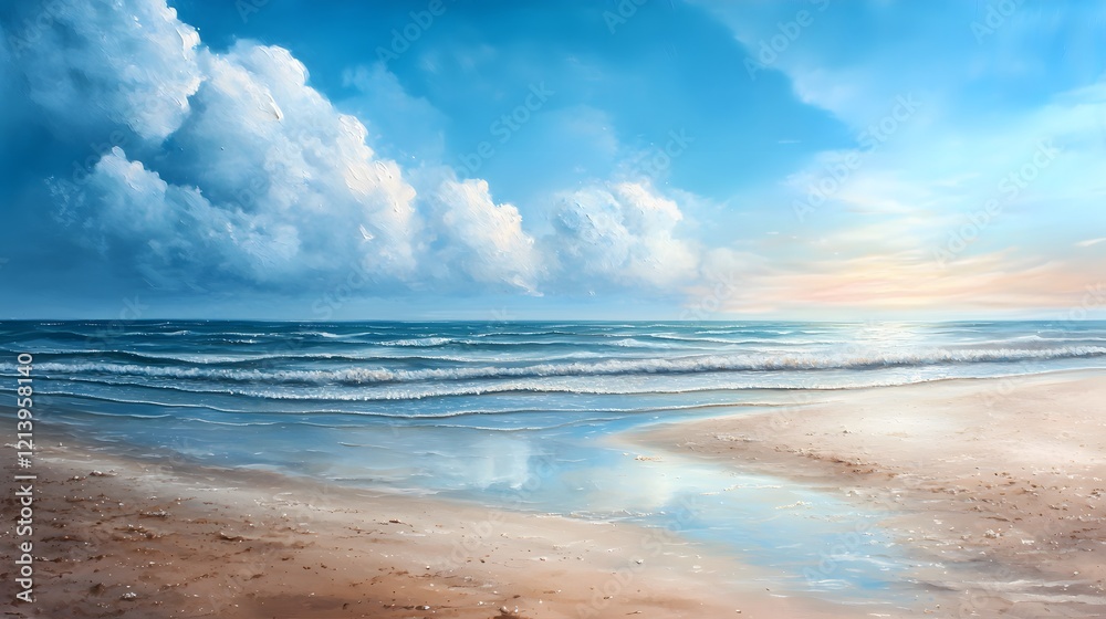 Fototapeta premium Breathtaking coastal landscape with serene ocean waves and dramatic sky reflections Picturesque beach scene with turquoise waters golden sand and a moody atmospheric sky
