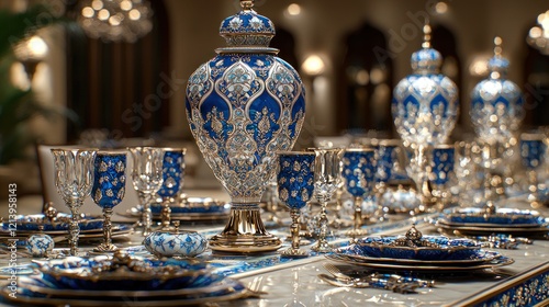 Wallpaper Mural Luxurious Dining Table Setting with Ornate Blue and Silver Tableware and Intricate Centerpiece Vase Torontodigital.ca