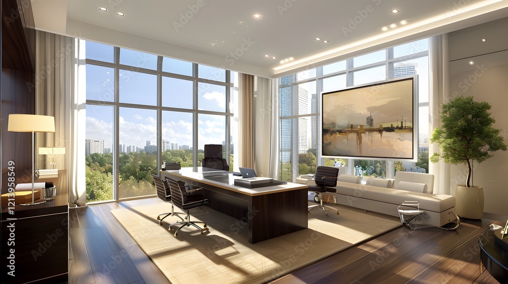 Fototapeta premium Modern home office with sleek furniture and large windows