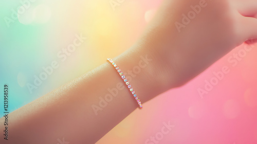 close-up of a delicate human wrist adorned with a sparkling bracelet, against a soft, gradient background 