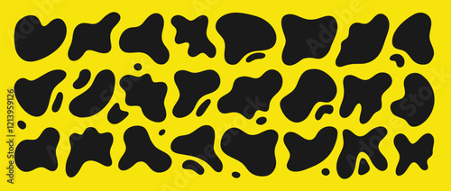 Abstract freeform collection. Simple liquid amorphous splodge. Black elements for design decoration. Vector set isolated on yellow background.