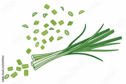 Falling green onion slices, cut chives isolated on white background.
