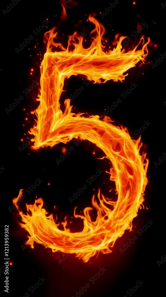 Fiery Number Five Digit on Black Background With Glowing Flames Fiery Number Five Digit on Black Background With Glowing Flames