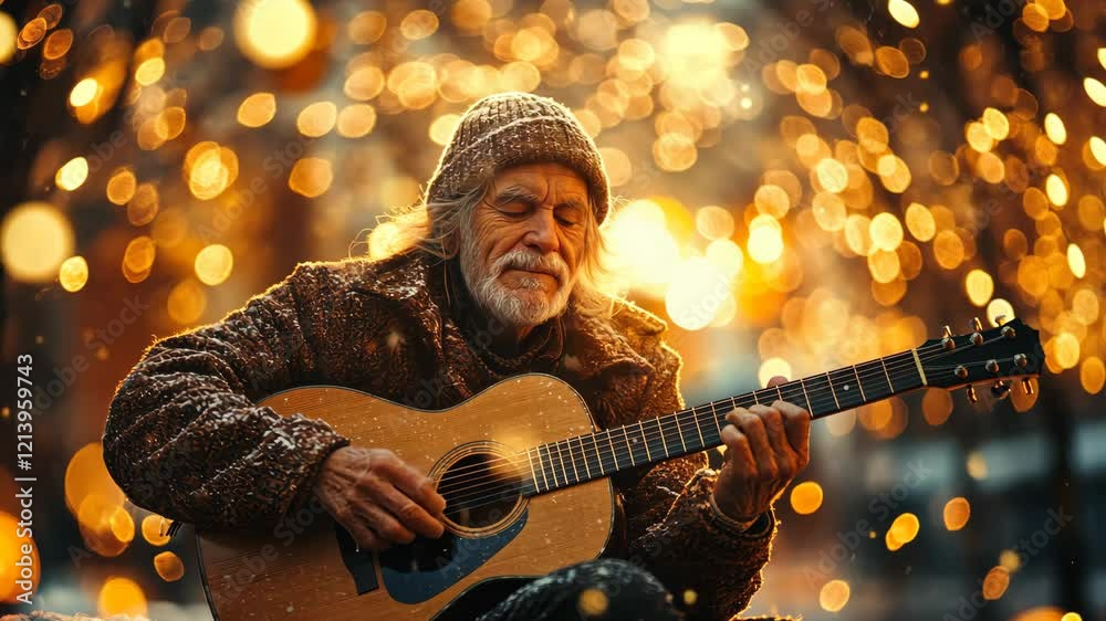 Man is playing a guitar in the snow. The man is wearing a hat and a jacket. The snow is falling around him, creating a peaceful and serene atmosphere