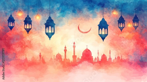 Watercolor Cityscape with Lanterns and Crescent Moon photo