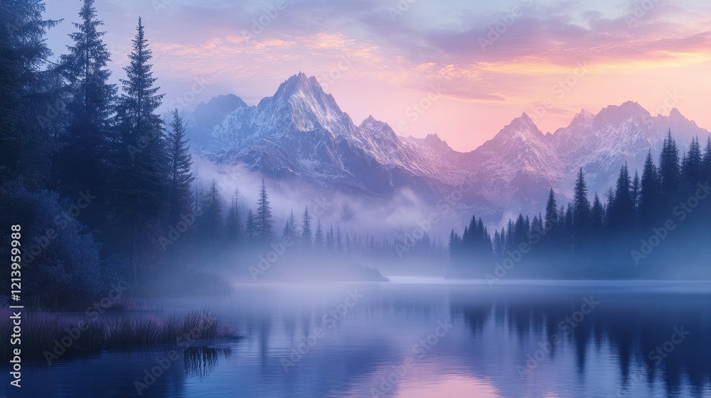 Serene Mountain Lake at Dawn with Mist and Reflective Waters. Serene Mountain Lake at Dawn with Mist and Reflective Waters.