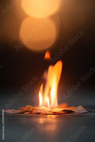 Flames dance elegantly above crumpled papers, creating warm, fli photo