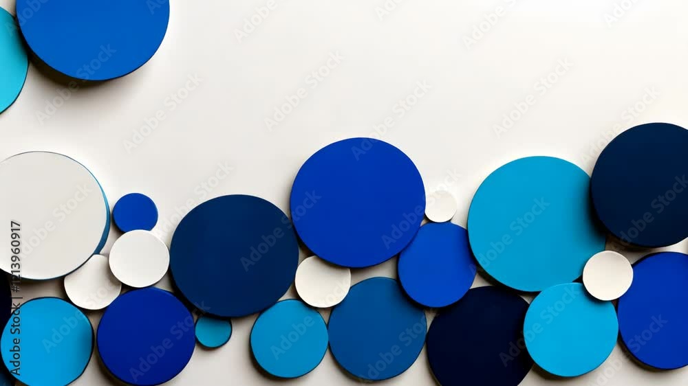 Blue and white pattern of circles is displayed on a white background. The circles are of various sizes and are arranged in a way that creates a sense of movement and flow. Scene is one of harmony