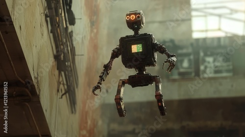 Robot floats in an industrial, aged, indoor environment.