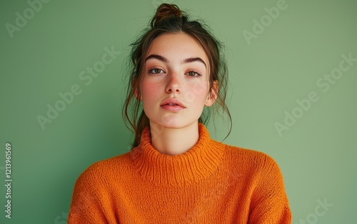 A portrait of a woman in a bright orange sweater, set against a soft green pastel background for a refreshing and warm appearance photo