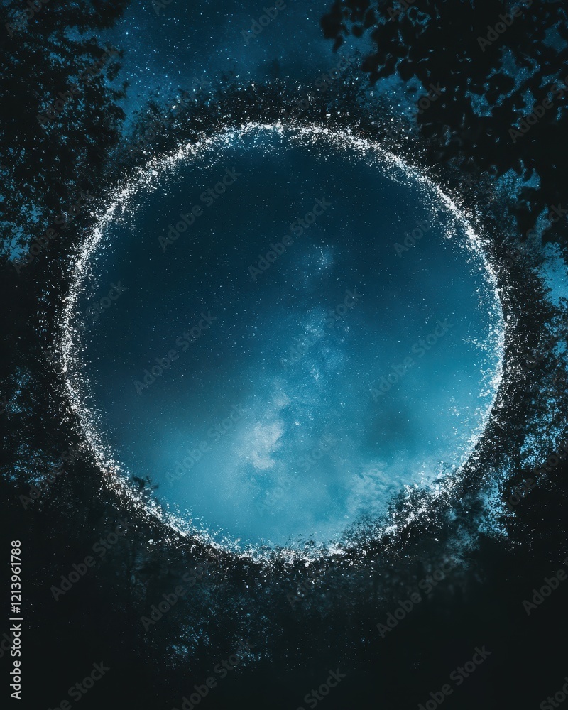 Mystical Portal to the Night Sky Starry Circle with Deep Blue Hues and Tree Silhouettes. Mystical Portal to the Night Sky Starry Circle with Deep Blue Hues and Tree Silhouettes.