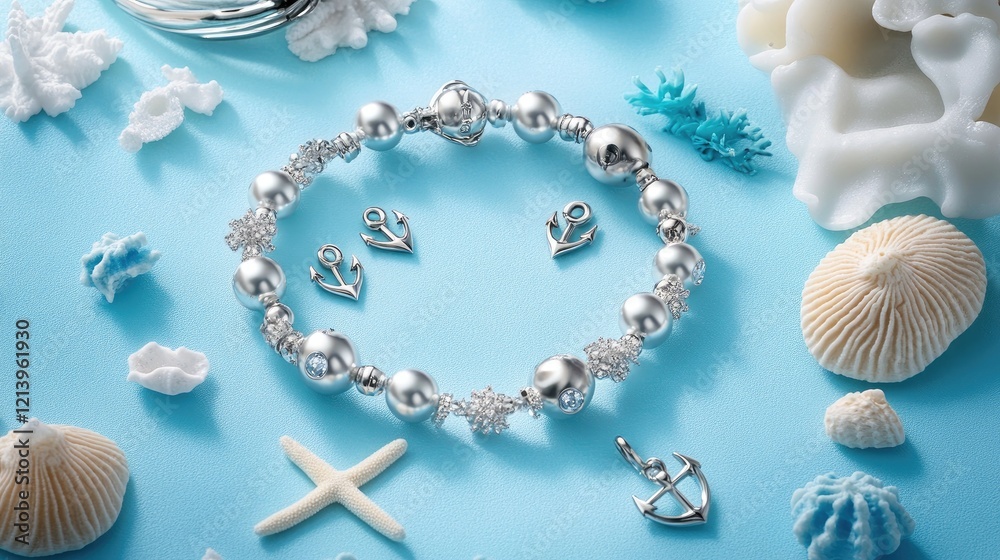 A nautical-themed bracelet with anchor charms, set against a blue ocean-themed background. A nautical-themed bracelet with anchor charms, set against a blue ocean-themed background.