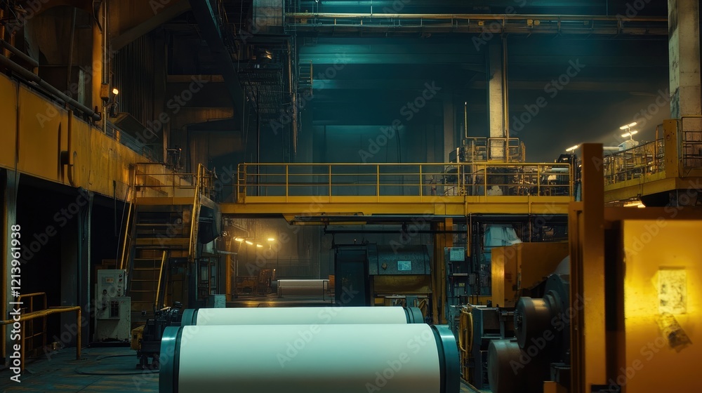 A paper mill with large rolls of paper being processed, industrial machinery in the background A paper mill with large rolls of paper being processed, industrial machinery in the background
