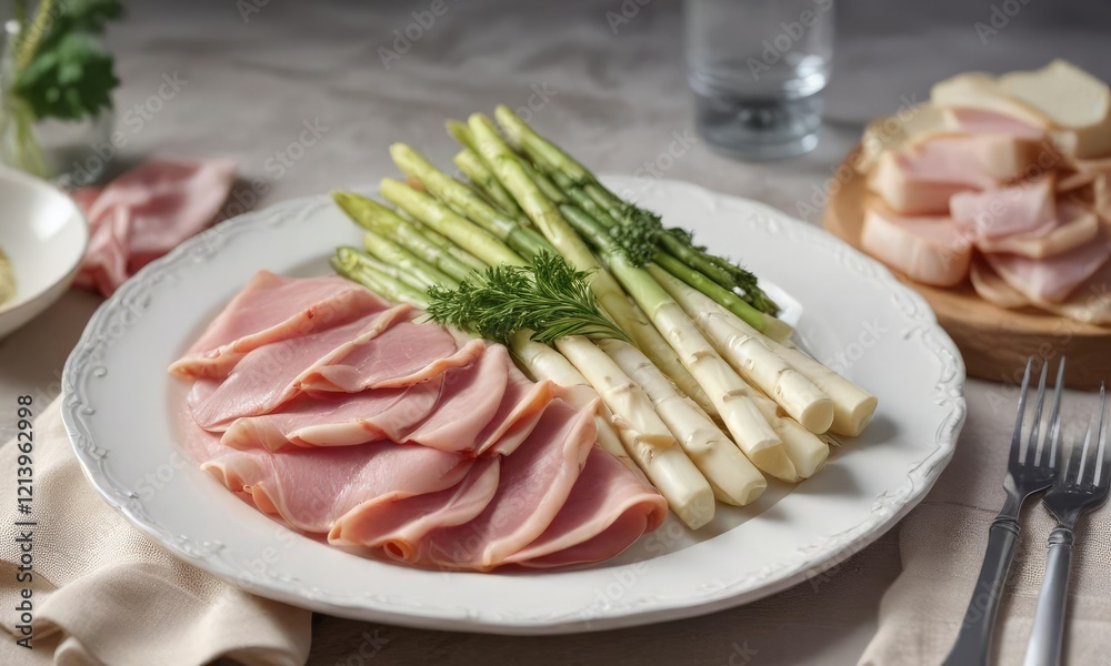 Elegant arrangement of white asparagus spears combined with a fluffy herb omelette and premium slices of raw ham on a decorative plate, culinary tradition, cooking expertise, continental breakfast
