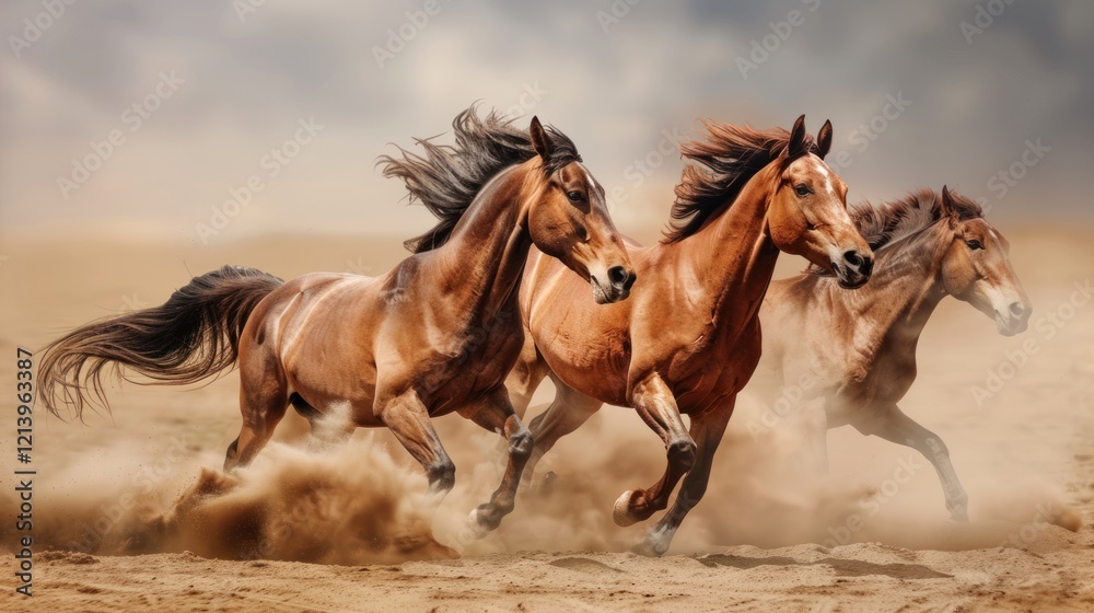 Desert horses galloping, dust clouds, freedom, adventure Desert horses galloping, dust clouds, freedom, adventure
