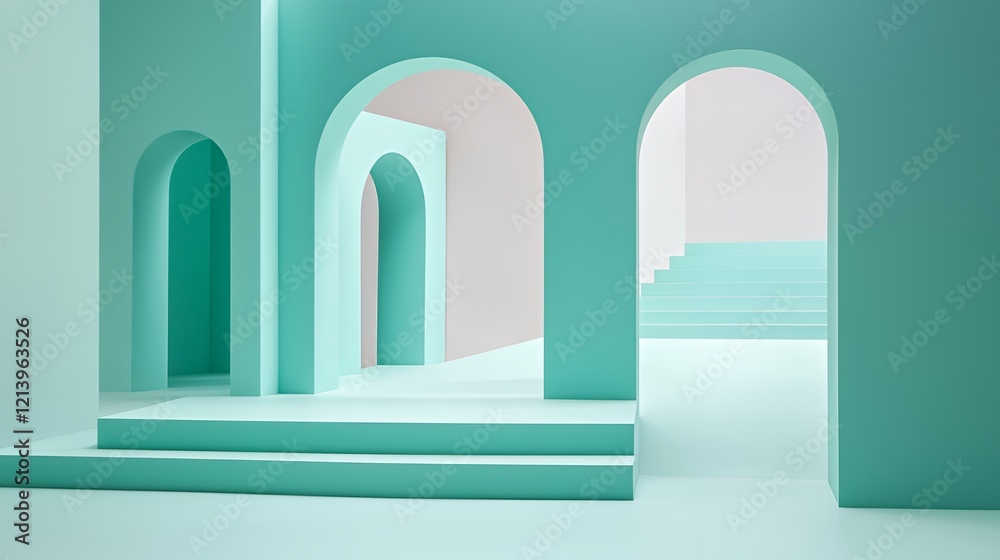 Abstract Teal Architectural Design: Serene Minimalist Interior with Arched Pathways and Steps Abstract Teal Architectural Design: Serene Minimalist Interior with Arched Pathways and Steps