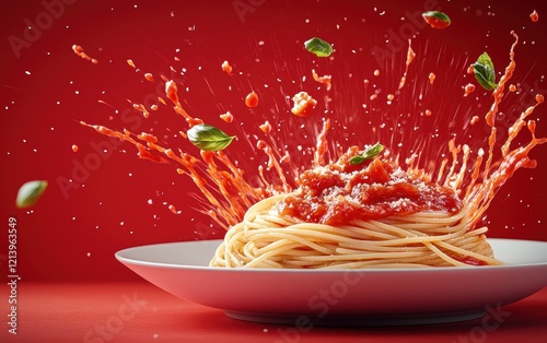 A plate of spaghetti with tomato sauce flying with splashes of sauce, set against a vibrant red backdrop.
