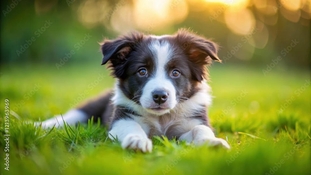 Adorable border collie puppy stretches out on a lush green grassy field, its tiny legs and paws curled up in a sleepy pose , grass Adorable border collie puppy stretches out on a lush green grassy field, its tiny legs and paws curled up in a sleepy pose , grass