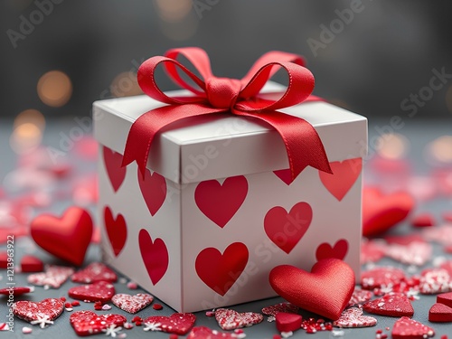 Obraz na płótnie white gift box with red bow and red hearts for valentine's day w salonie