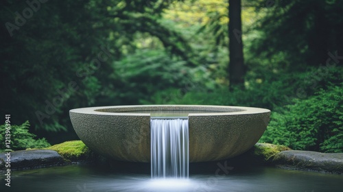 A serene stone water fountain surrounded by lush greenery, showcasing a gentle waterfall flowing into a calm pool.