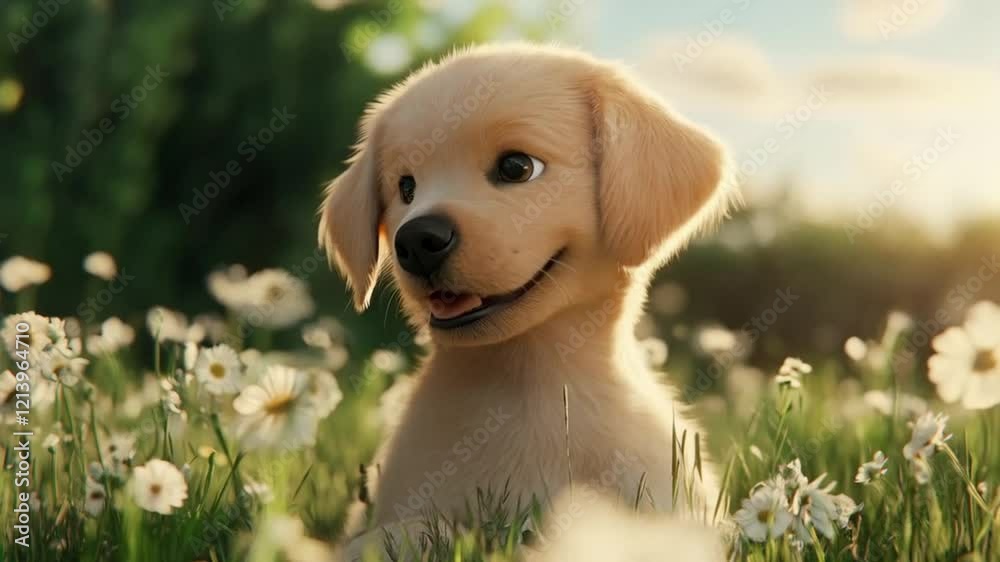 Scene of cute dog among wildflowers, smooth repeating motion for background video animation. Scene of cute dog among wildflowers, smooth repeating motion for background video animation.